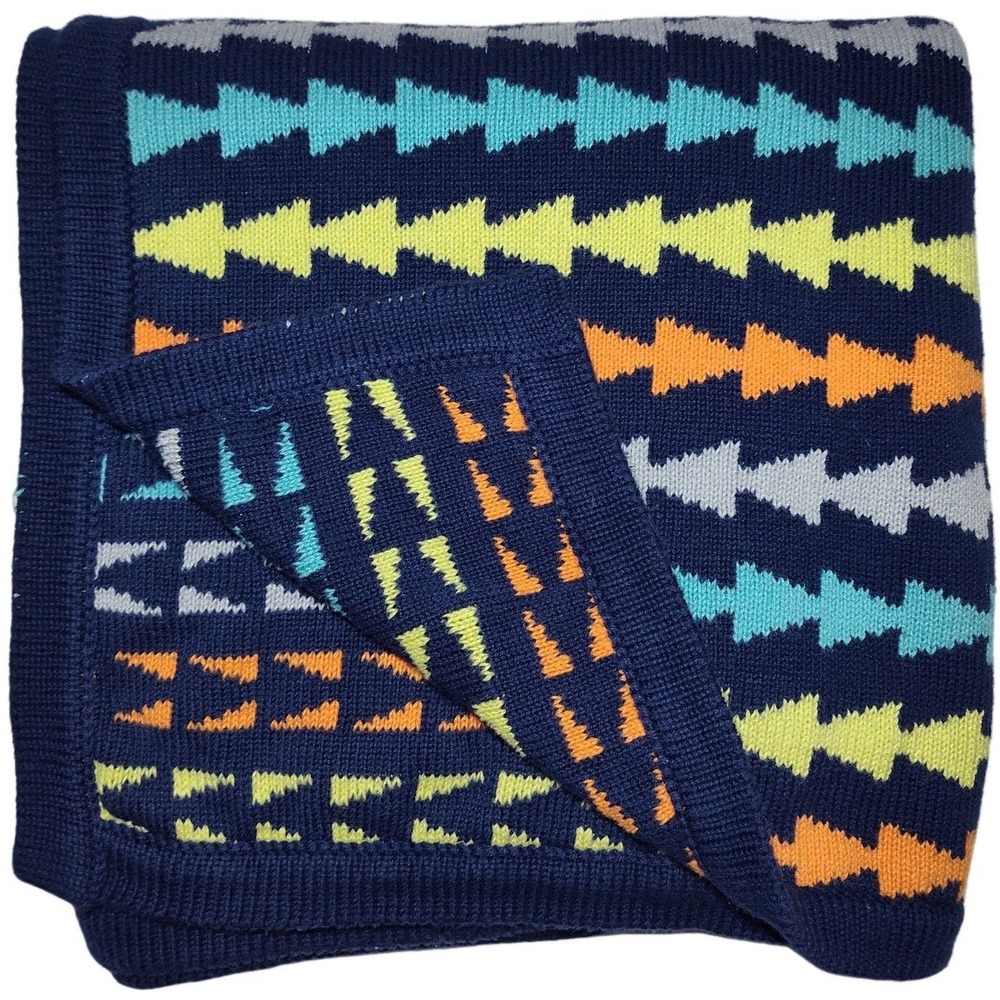 Just Born Knit Baby Blanket Navy Blue Yellow Orange Gray Arrows NEW 30x40